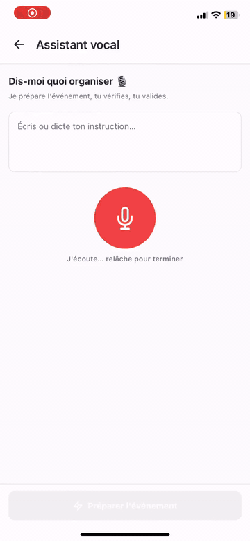 Demo of To Gather's AI voice assistant creating an event from a dictated sentence