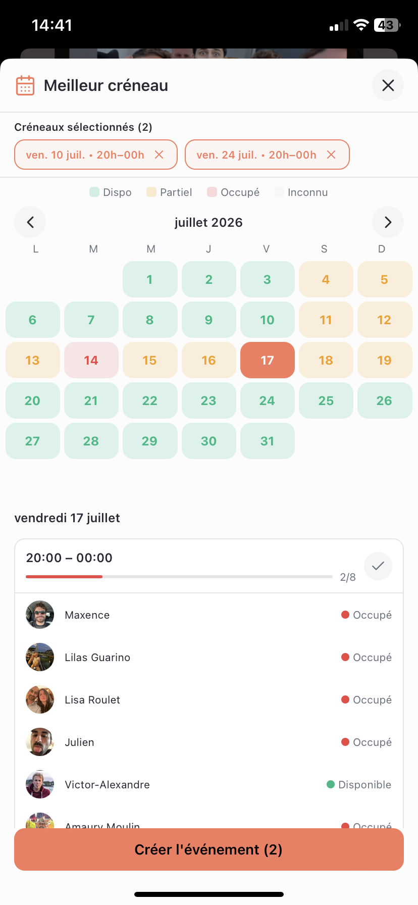App To Gather — écran Meilleur créneau : les dispos des amis sur le calendrier